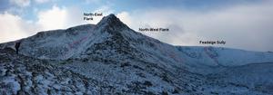 North-East flank, Lochnagar: The Stuic: Very early season view of The Stuic, but shows the location of the runs in relation to each other. Photo: Scott Muir