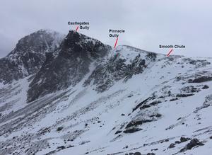 Pinnacle Gully, Loch Avon Basin: Looking across from Coire Domhain Photo: Scott Muir
