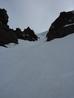 In Back Bay Gully, looking back up at the cornice and the steepest section of the ski.  Photo: Scott Muir