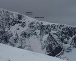 Raeburn's Easy Route, viewed from Carn Mor Dearg.  The black dots indicate the approximate line of the abseil.  Photo: Scott Muir