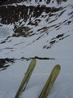 About 2m below the summit, looking down.  The skis are horizontal.  Photo: Scott Muir