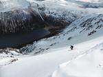 Dave Anderson skiing the upper snowfield of Katabatic Couloir in 2015  Photo: Scott Muir